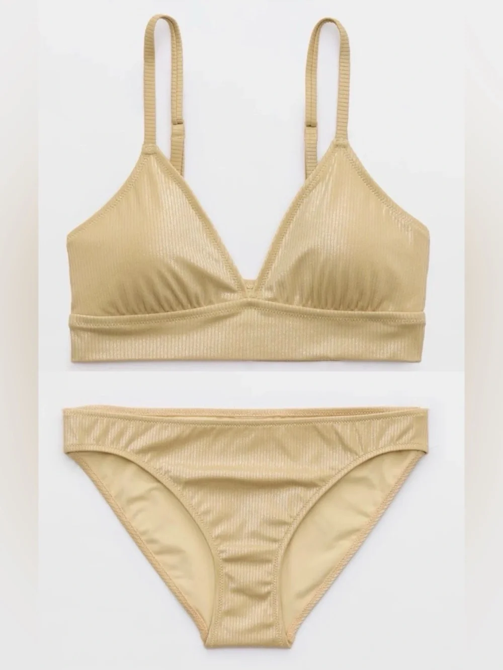 NWT Aerie FULL SET Metallic Triangle Banded Top + Full Coverage Bottom Gold S